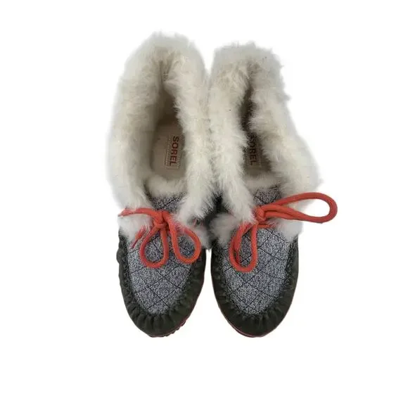 Sorel Out N About Moccasin Slipper Boots Size 8.5 Gray Green Suede Faux Fur - Picture 6 of 7